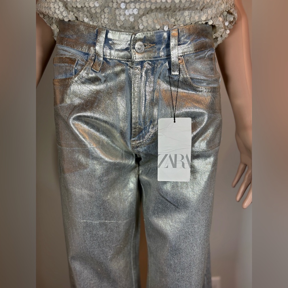 NWT ZARA MID WAIST TRF WIDE LEG FOIL WOMEN JEANS Size 4 - Picture 6 of 15